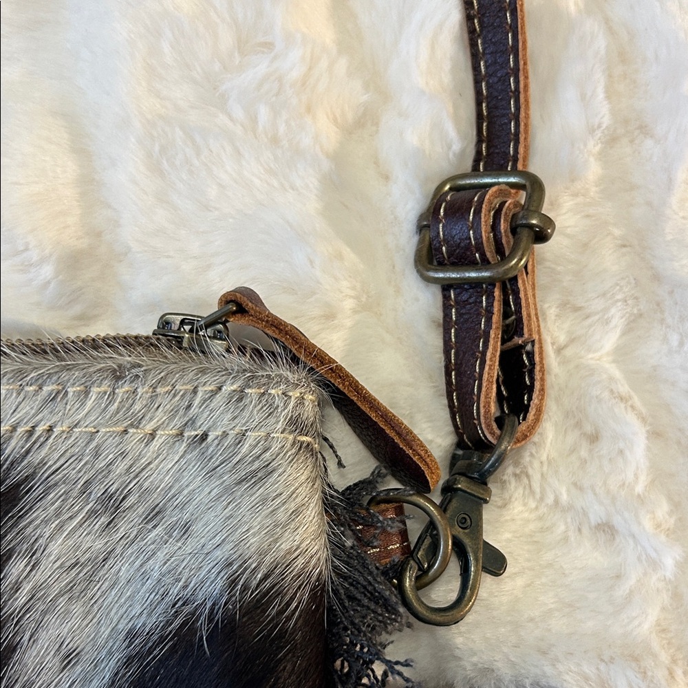 Stylish Myra Cowhide & Canvas Crossbody Bag Geometric Pattern With Fringe - Picture 10 of 11